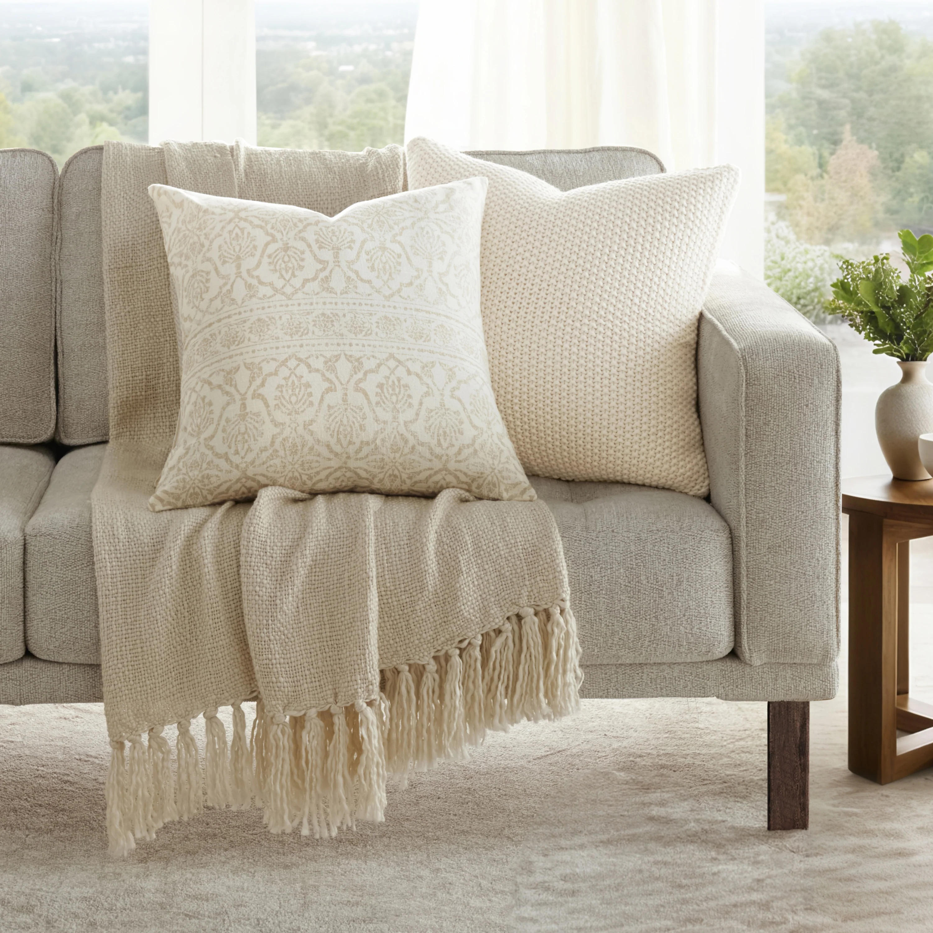 2-Pack Throw Pillows Seed Stitch Knit With Antique Floral - Image 3