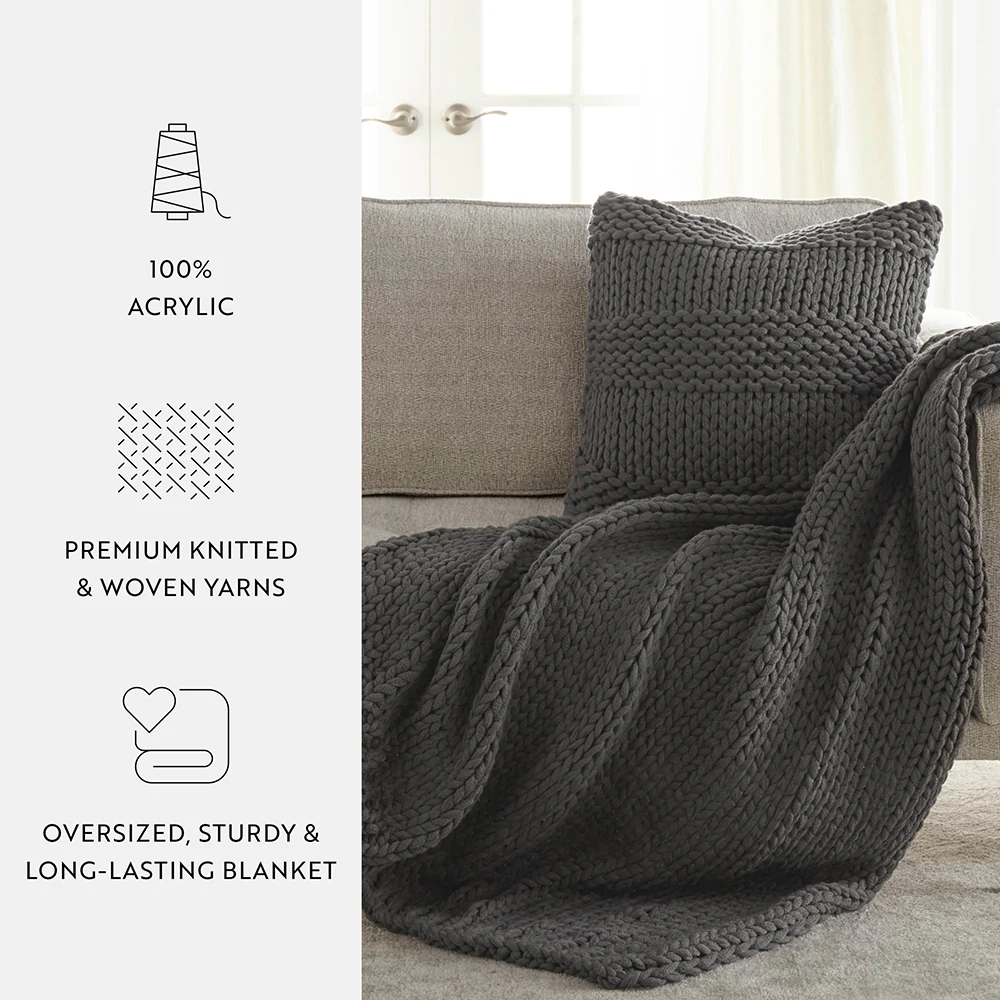 Chunky Knit Throw Blanket and Decor Pillow with Insert Bundle - Image 16