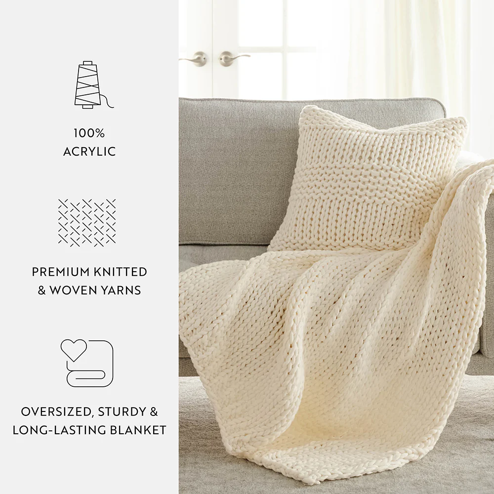 Chunky Knit Throw Blanket and Decor Pillow with Insert Bundle - Image 18