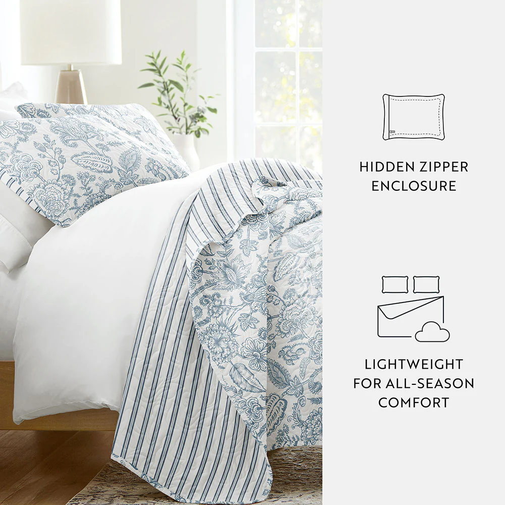Jacobean/Stripe Reversible Quilted Coverlet Set - Image 6