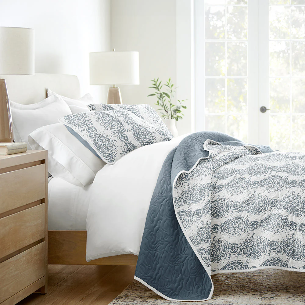 Distressed Damask Reversible Quilted Coverlet Set (Sale)