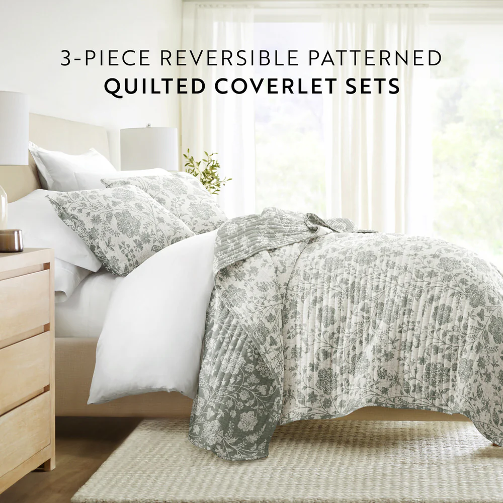 Textured Floral Reversible Quilted Coverlet Set - Image 22