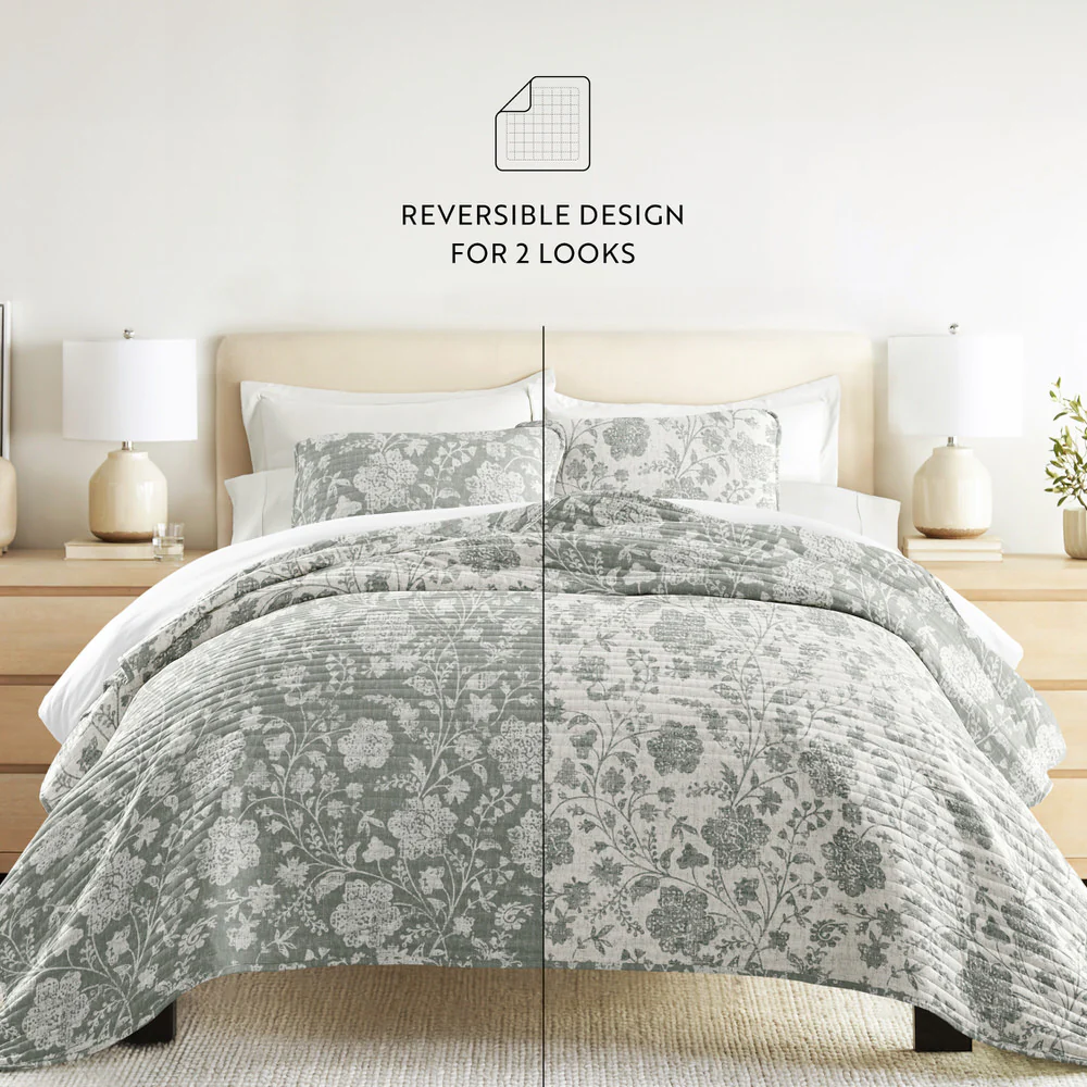 Textured Floral Reversible Quilted Coverlet Set - Image 25